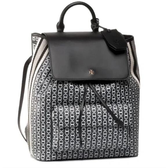 Tory Burch Gemini Link Canvas Leather Backpack Black & White Womens Travel - Picture 1 of 16